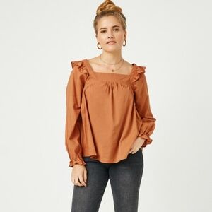 Women's Ruffled Brown Top Long Sleeve Square Neck